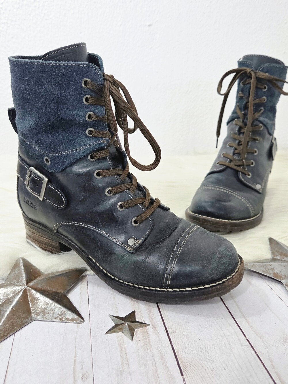 Taos Crave combat boots dark blue suede combo lace up short ankle women's sz 39